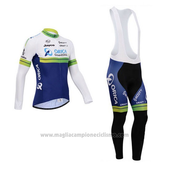 2014 Abbigliamento Ciclismo Orica GreenEDGE Bianco e Blu Manica Lunga e Salopette